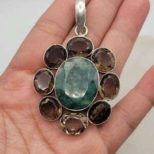Estate Sterling Multi-Gemstone Faceted Moss Agate & 8 Smokey Quartz Pendant